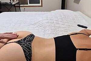 She cleaned feet, peed, then ate his butthole after toilet. Huge cock facial followed for curvy milf.