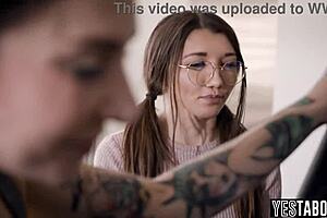 Nerdy teen manipulates and licks petite MILF stepsister's girlfriend to orgasm!