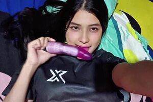 colombian babe touches her tight pussy with dildo while in see-through panties