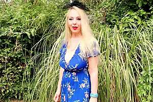 Lucy Gresty teasing outdoors in garden showing off big natural tits in stockings lingerie and dress with dirty talk