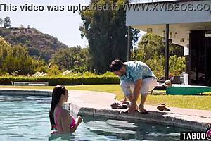 Pool service worker Seth handles curvy Latina milf Lexi Luna with big tits and ass outdoors
