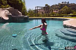 Pool service worker Seth handles curvy Latina milf Lexi Luna with big tits and ass outdoors