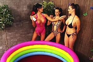 food enthusiasts explore jelly in a delightful threesome adventure with toys and kisses, creating fun moments together in a shaved setting