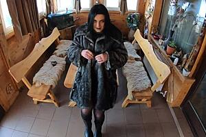 elegant milf in fur coat gets bent over wooden desk for deepthroat and rough fucking, then covered in cum twice with squirting and facial action