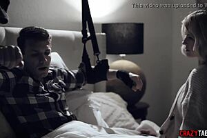 Stepmom says to her teen stepson, Let me give you a quick blowjob to help out. She licks and sucks while he enjoys the taboo shaved pussy cunilingus.