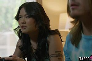 Chinese teen 18+ stepsister catches stepbro perving on MILF stepmom and they fuck hard with big cock taboo roleplay