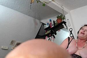 dawn sticks a dildo on chriss chin and rides it with her voluptuous body on display