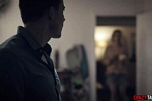 Stepmom says to her teen stepson, Let me give you a quick blowjob to help out. She licks and sucks while he enjoys the taboo shaved pussy cunilingus.