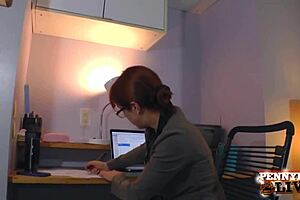 penny pax strips in the office rubbing her big tits and black lingerie before fingering that naughty big pussy with long lips spread wide.