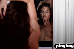 hey gorgeous russian brunette babe with small tits poses passionately for playboy stripping nude 😍