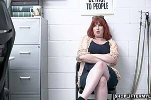 smoking hot redhead milf amber dawn, caught shoplifting jewels in store, interrogated by cop—will she fuck for freedom in office uniform?
