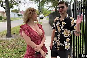 Some dude fucks busty curly milf with big tits and ass in quickie creampie action.