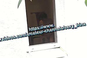 Neighbor guy watches my sexy mature wife shower naked outdoors with handjob.