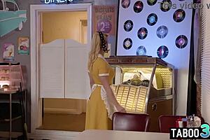 How does ebony lesbian teen Alexis Tae eat blonde milf waitress juicy pussy?