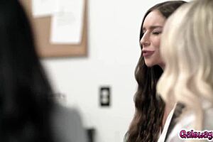 Co-workers Lilly Bell, Kimmy Kim, and April Olsen join lady boss Vicki Chase for a steamy 4some to boost their annual performance reviews.