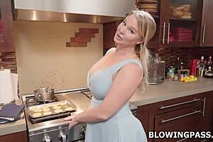 stepmom sneaks a blowjob to her stepson with deepthroat and handjob action