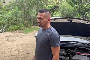 Curvy Colombian babe Antonella Jones gets her car damaged and convinces a stranger to fuck her outdoors with big cock drilling leading to swallow cum.