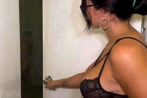 caliente milf latina with round tits hints at eating curvy blonde's wet pussy and huge ass in steamy bathroom lesbian encounter
