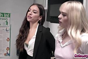 Co-workers Lilly Bell, Kimmy Kim, and April Olsen join lady boss Vicki Chase for a steamy 4some to boost their annual performance reviews.