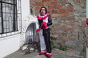 Clown joins two busty and curvy women for a Halloween celebration with costumes and music from Lying Eyes.