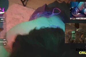 This gamer girl in her kitty bikini eagerly drools over his cock during intense blowjob session