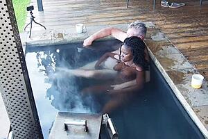ebony secretary strips in jacuzzi dripping wet pussy lips on boss's big black cock