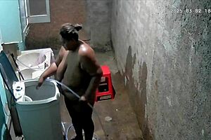 Hidden Camera Catches Busty Brazilian Neighbor Masturbating in Backyard While Voyeur Watches Intensely