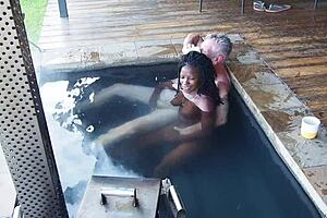 ebony secretary strips in jacuzzi dripping wet pussy lips on boss's big black cock