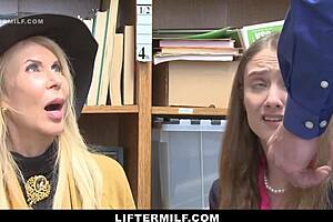 samantha hayes and grandma get caught shoplifting in garage. pervy mall guard dominates and fucks them in security office.