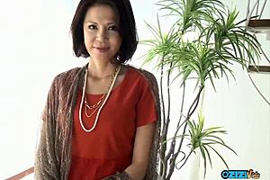 this japanese granny gets all hot seeing that erection during her hairy pussy interview