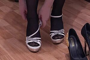 brunette in stockings masturbates feet and shoes for foot fetish fun