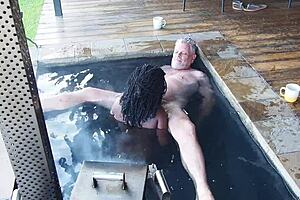 ebony secretary strips in jacuzzi dripping wet pussy lips on boss's big black cock