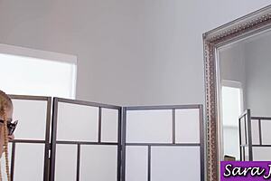 Horny milf Sara Jay grabs two big dildos to fuck her wet pussy and big clit while dirty talking in lingerie.