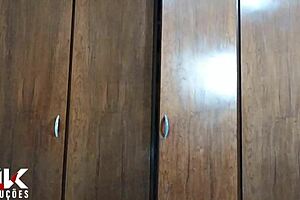 Young skinny stepson hides in closet to spy on hot milf stepmom with big natural tits. She strips naked and shows huge ass in bedroom.