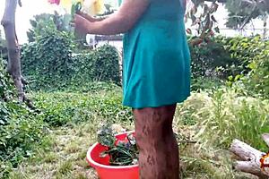 Klaudiaambergirl milf neighbor teases pussy in stockings heels fisting outdoor