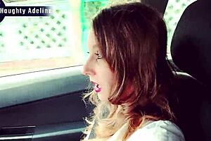 Naughty Adeline's sloppy car blowjob ends with cum mouthful from her pretty neighbor wife.
