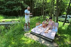 a steamy sauna séance turns into a wild threesome with double blowjobs and pussy riding in hungarian heat