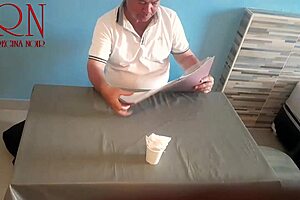 Naked waitress serves from her navel as restaurant guest devours the curvy milf maid.