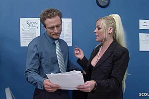 Blonde cougar boss seduces coworker! Risky office fuck on day one!!
