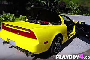 sexy petite ebony milf with big tits washes acura nsx in garage lingerie tease