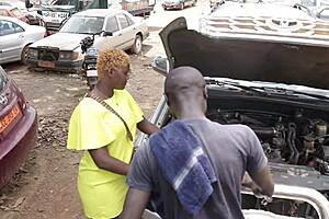 Mechanic's long cock makes ass squirt in garage fix