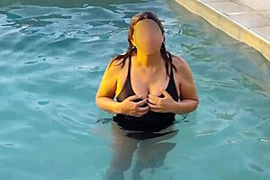 stepmother flashes huge tits on beach we cum in hairy pussy