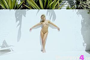 Curly blonde Sara Ames strips outdoors ripping clothes to bare pierced natural big tits big ass pussy.