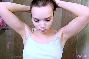 Fierce brunette milf mommy takes a steamy shower after petite teen casting interview on sofa