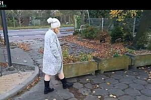 Amateur milf flashes natural tits outdoors stripping