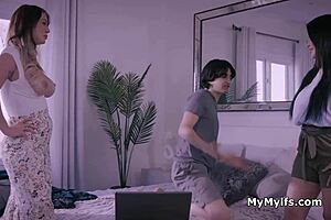 Busty asian cougar housewives gangbanged by lucky stud