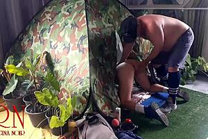 Stranger pounds nudist lady pussy at nature camp