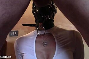 blindfolded milf gags on monster cock with ring before massive facial blast!