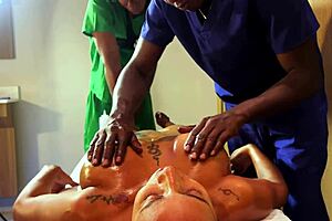 four hands MASSAGE turns into ROUGH SEX with nasty HOTWIFE and ebony stud