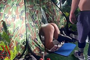 Stranger pounds nudist lady pussy at nature camp